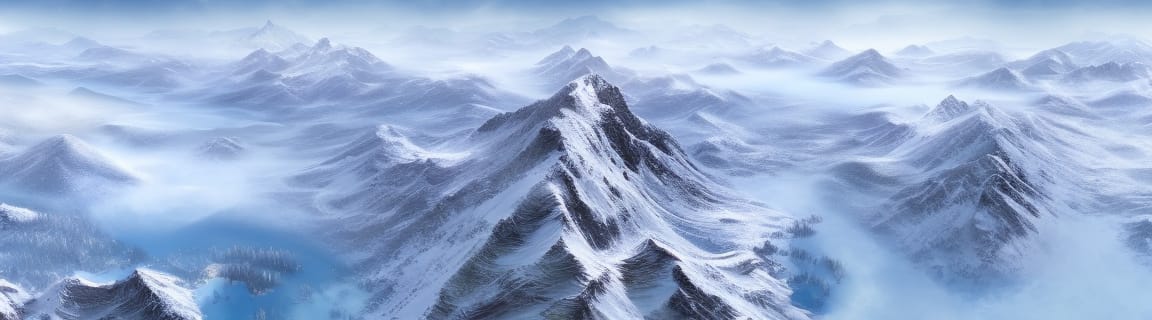 A beautiful extreme wide aerial view of snowy mountains