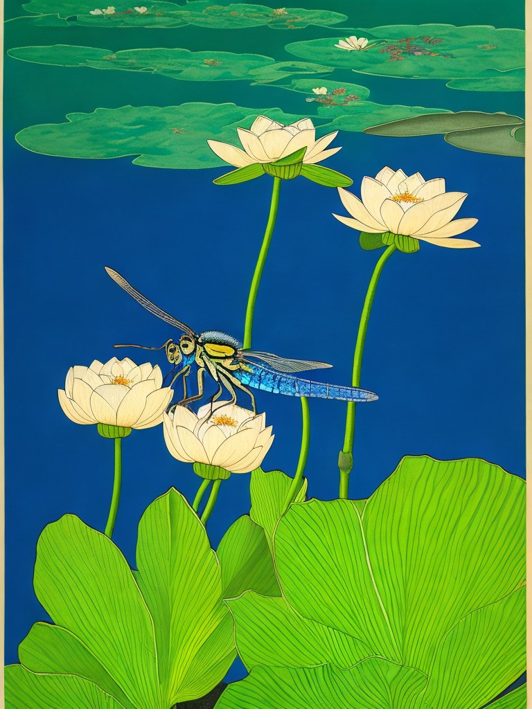 A Japanese woodblock print-style painting of a dragonfly perched on a lotus flower in a tranquil pond; Ukiyo-e, Realism; Watercolor and ink on rice paper; Soft and natural lighting with a peaceful and serene ambiance; Subdued and naturalistic color scheme with shades of blue, green, and white; elegant, serene, delicate; by Katsushika Hokusai, Utagawa Hiroshige, and Suzuki Harunobu; Unreal engine 5