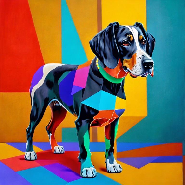  A abstract painting of a dog blending into a geometric background; Camouflage, Identity; Abstract art, Geometric art; Acrylic, Canvas; Artificial light; Cool colors with contrast; subtle, complex; by Piet Mondrian, Wassily Kandinsky, and Paul Klee; Unreal engine 5
