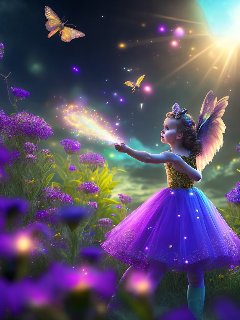  A beautiful fairy sprinkling pixie dust over a flower field; Enchantment, Delight; Glitter, Spray paint; Sparkling, Rainbow lighting; Tetradic colors with variety; magical, lovely; by Peter Pan, Lisa Marie, and Amy Brown; Unreal engine 5