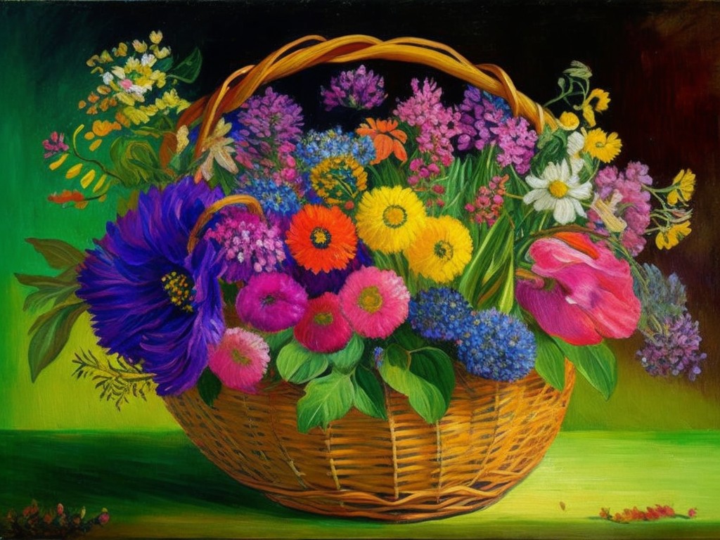A beautiful oil painting of a basket filled with freshly picked wildflowers, with intricate details and vivid colors; Realism, Impressionism; Oil, Watercolor; Soft, diffused lighting with glowing highlights; Vibrant colors with shades of pink, purple, and yellow; beautiful, colorful, radiant; by Vincent van Gogh, Georgia O'Keeffe, and Pierre-Auguste Renoir; Unreal engine 5