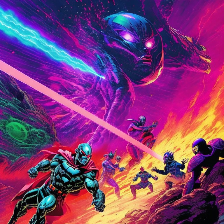 A chaotic scene of an alien invasion with lasers and explosions; Action, Adventure; Comic Book, Graphic Novel; Bright, dynamic lighting; Saturated, primary colors; thrilling, epic; by Jack Kirby, Frank Miller, and Alex Ross; Unreal engine 5