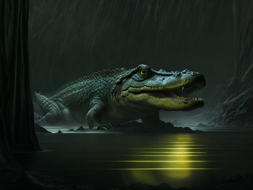  A charcoal drawing of a crocodile lurking in murky waters; Realism, Expressionism; Charcoal on paper; Low-key lighting with deep shadows; A muted color palette with pops of vivid green and yellow; ominous, mysterious; by Gustave Doré, Francisco Goya, and William Blake; Unreal engine 5