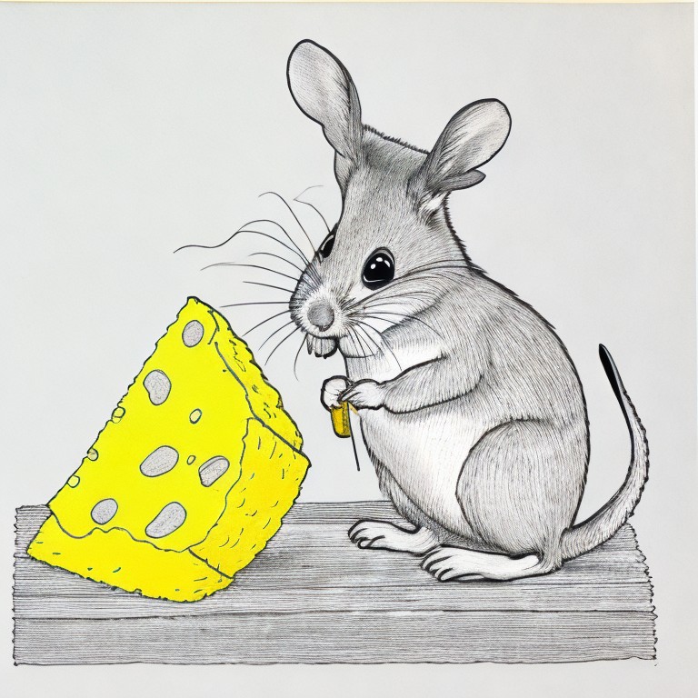  A color line art drawing of a mouse’s outline with cheese and crackers inside; Humor, Food; Line art, Doodle; Ink, Paper; No light or color; Black and white with texture; charming, amusing; by Beatrix Potter, Eric Carle, and Maurice Sendak; Unreal engine 5