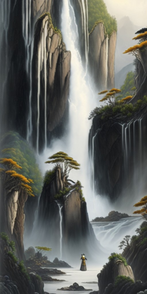 A color traditional Chinese painting of a majestic waterfall cascading down a mountain surrounded by lush greenery; Landscape, Nature; Ink wash, Gongbi; Dramatic lighting with contrasting shadows; Monochromatic with shades of black and grey; Ethereal, magnificent; by Wang Hui, Li Cheng, and Ma Yuan; Unreal engine 5