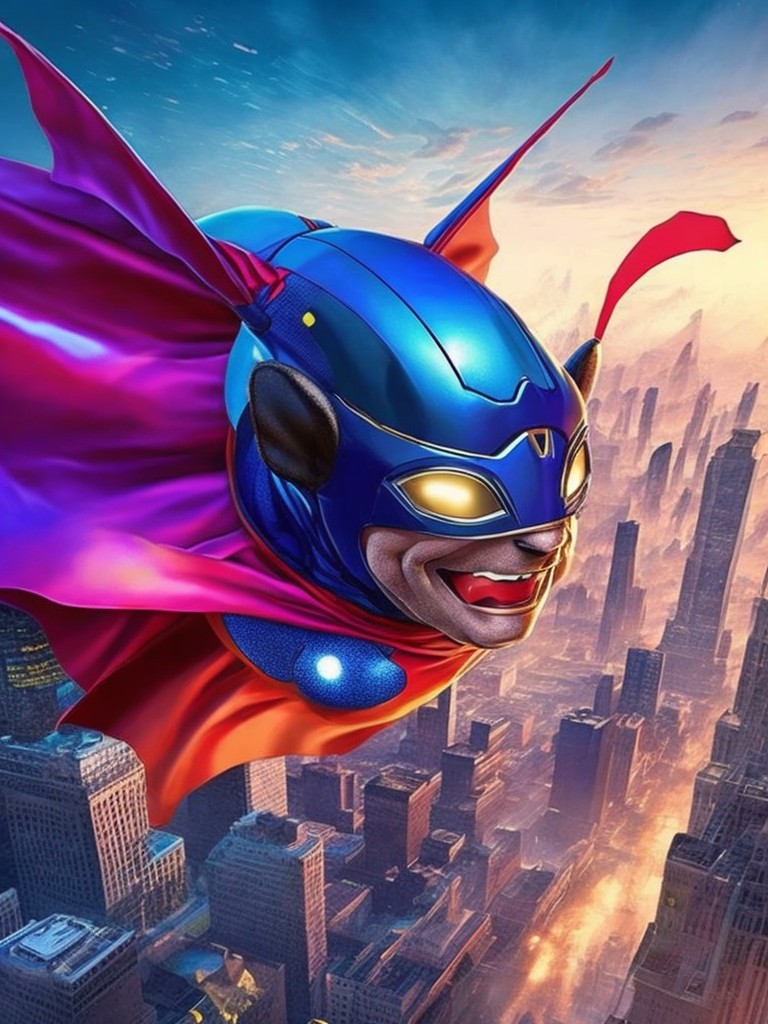  A comedy scene of a beetle wearing a superhero costume, flying over a city with a cape and a mask; Comedy, Parody; Watercolor, Glitter; Bright, heroic lighting; Primary colors with red and blue; funny, brave; by Walt Disney, Jim Davis, and Gary Larson; Unreal engine 5