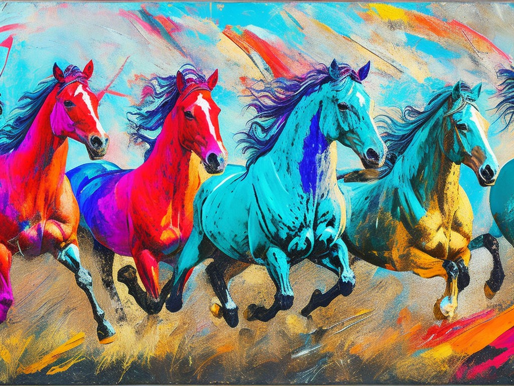  A contemporary-style painting of a herd of wild horses running through a field with abstract, fragmented forms and bright colors; Contemporary Art; Oil painting, Mixed media; Natural lighting with a sense of movement and speed; Bold, contrasting colors with an emphasis on texture; dynamic, vibrant; by Mark Bradford, Julie Mehretu, and Anselm Kiefer; Unreal engine 5