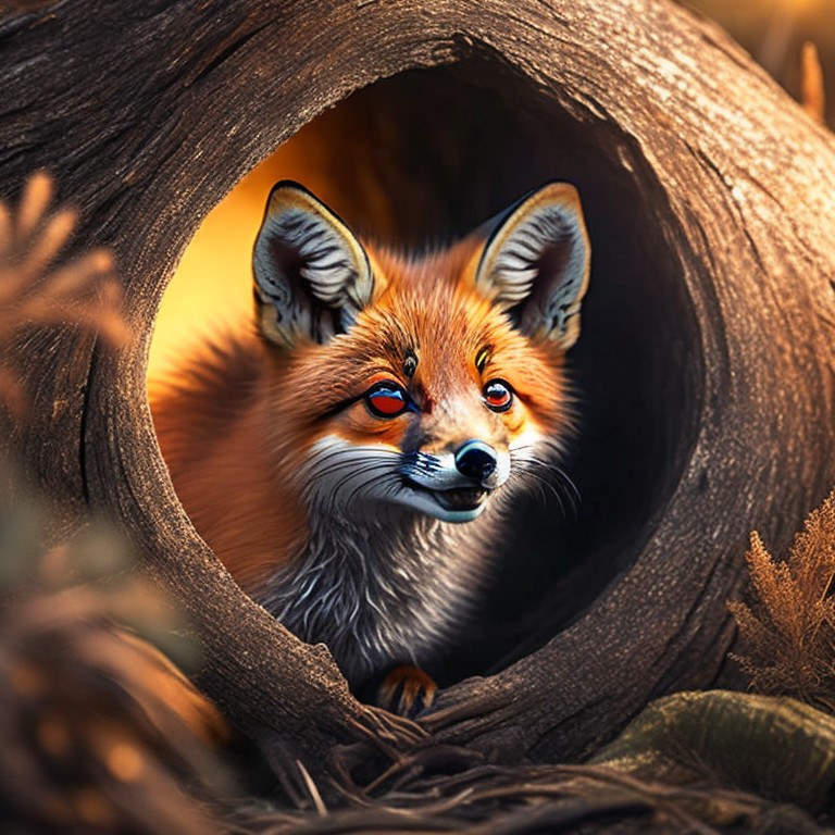 A curious baby fox peering out of its den; Adorable, Inquisitive; Oil, Pastel; Warm, golden hour lighting; Monochromatic with shades of orange; Cute, Playful; by John James Audubon, Franz Marc, and Albrecht Dürer; Unreal engine 5