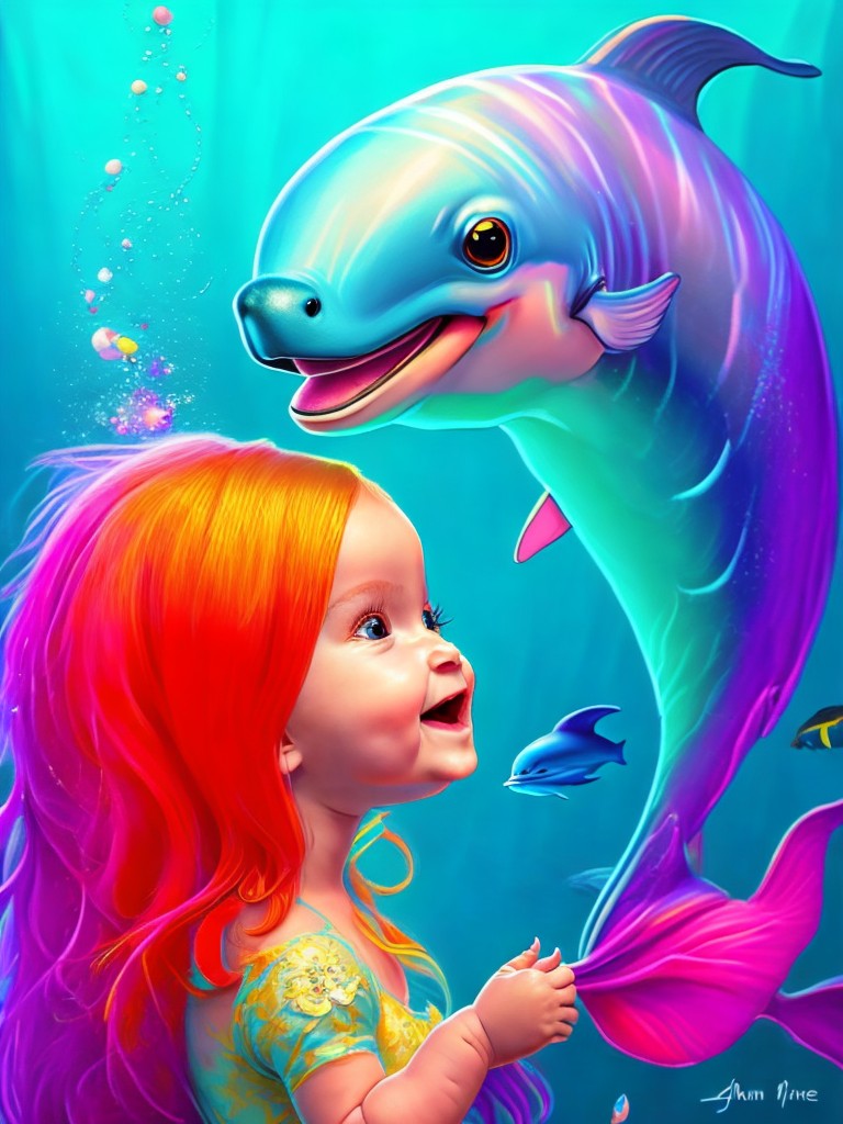  A cute mermaid playing with a dolphin; Romance, Fun; Colored pencil, Marker; Bright, cheerful lighting; Analogous colors with vibrancy; adorable, joyful; by John William Waterhouse, Walt Disney, and James Cameron; Unreal engine 5