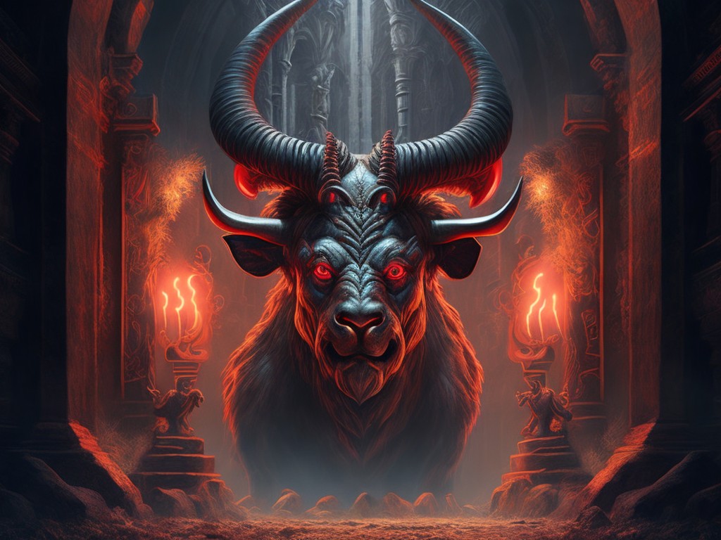 A dark and moody digital painting of a fearsome minotaur guarding the entrance to a labyrinth; Dark art, Gothic; Digital painting, Concept art; Flickering torch lighting; Dark, desaturated colors with pops of red and gold; Creepy, ominous, dystopian; by H.R. Giger, Clive Barker, and Zdzisław Beksiński; Unreal engine 5