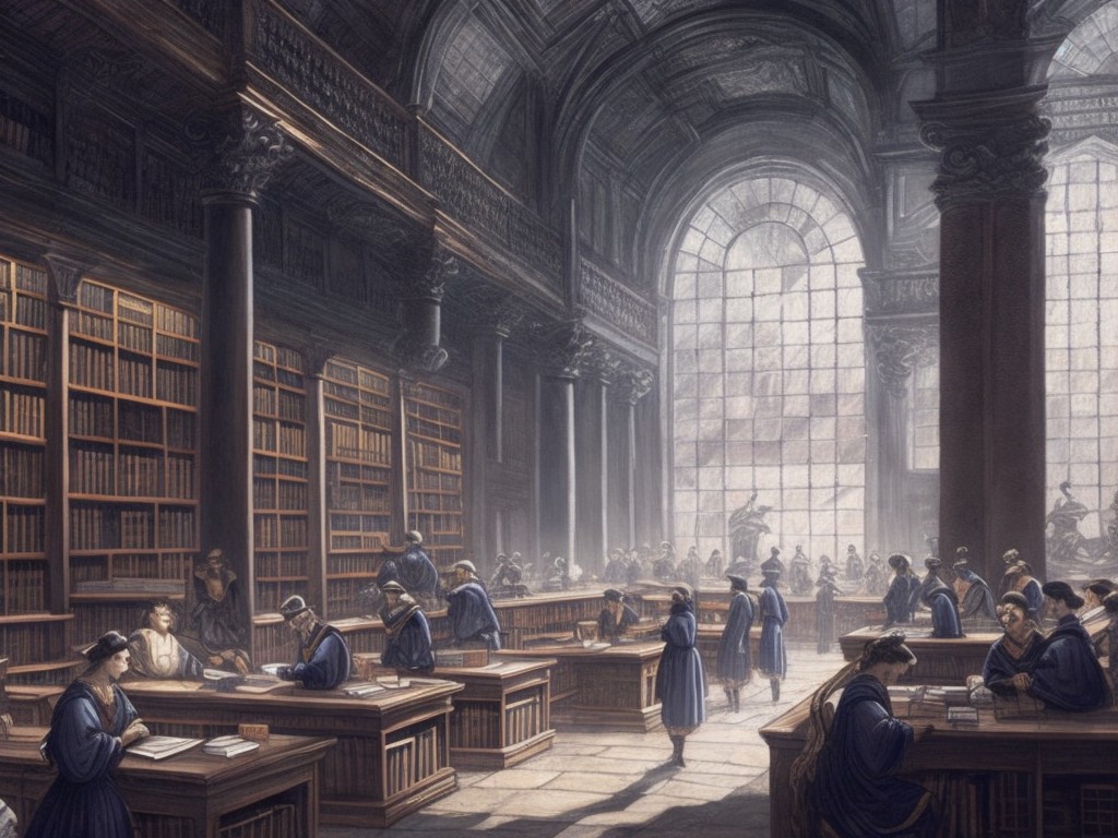 A detailed beautiful colorful sketch of a university library with students studying, surrounded by rows of shelves filled with books; Sketch, Realism; Charcoal, Pen and Ink; Dim, warm lighting; Monochromatic with shades of grey; academic, peaceful, scholarly; by Rembrandt, Michelangelo, and Leonardo da Vinci; Unreal engine 5