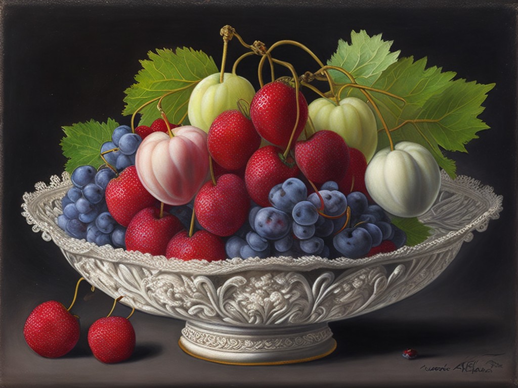 A detailed color pencil drawing of a porcelain bowl with cherries, strawberries and grapes on a lace doily; Freshness, Summer; Classical still life, Realism; Pencil on paper, Shading; Bright, natural lighting; Grayscale with shades of gray and black; juicy, sweet; by Leonardo da Vinci, Albrecht Durer, and Charles Bargue; Unreal engine 5