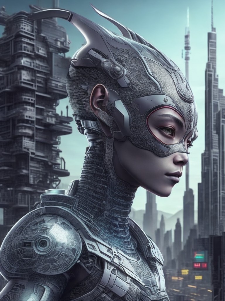 A detailed drawing of a humanoid alien with intricate tattoos and jewelry, standing in front of a futuristic cityscape; Fantasy, Futurism; Graphite, Digital Art; Soft, diffused lighting; Monochromatic with shades of gray; mystical, enchanting; by Hayao Miyazaki, Akira Toriyama, and Moebius; Unreal engine 5