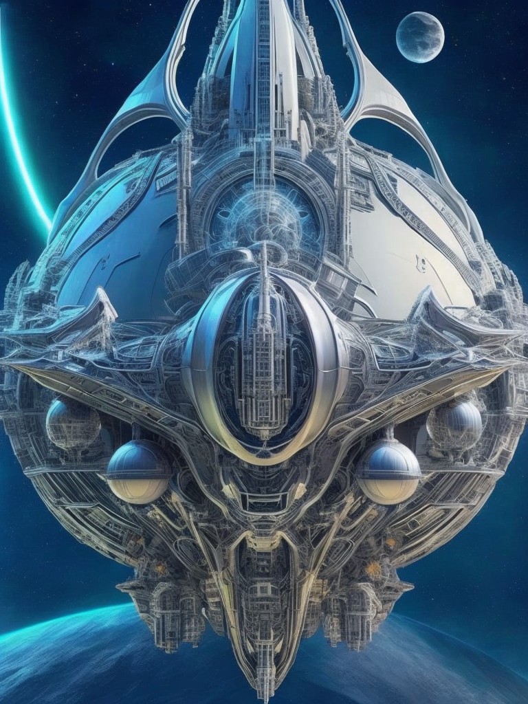 A detailed image of an alien spaceship with intricate designs and features; Science Fiction, Space Art; Digital Painting, 3D Modeling; Bright, metallic lighting; Silver, futuristic colors; impressive, advanced; by H.R. Giger, Syd Mead, and Ralph McQuarrie; Unreal engine 5