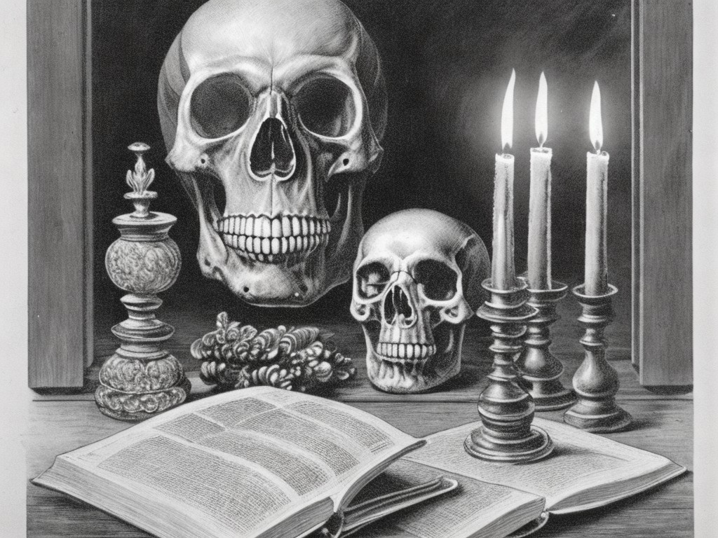 A detailed ink drawing of a skull, a candle, an hourglass and a book on a wooden desk; Mortality, Time; Classical still life, Impressionism; Ink on paper, Hatching; Dim, flickering lighting; Black and white colors with shades of gray and black; somber, eerie; by Claude Monet, Pierre-Auguste Renoir, and Edouard Manet; Unreal engine 5