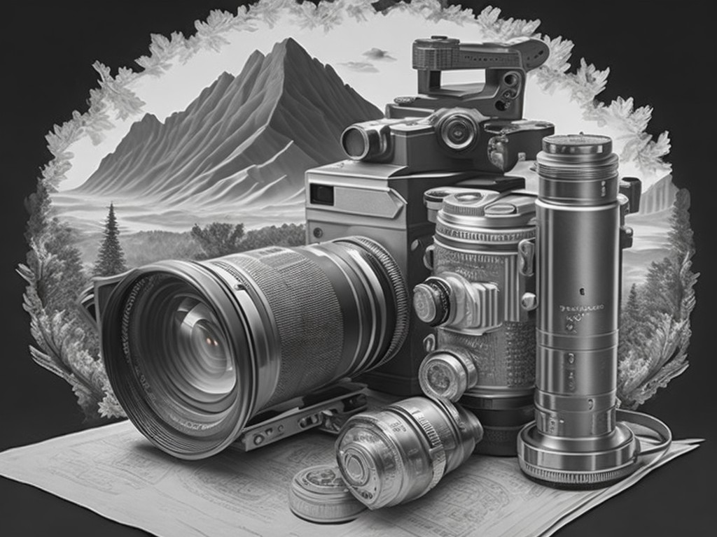 A detailed pencil drawing of a camera with a film roll, a lens and a flash on a tripod with a scenic view in the front; Photography, Nature; Contemporary still life, Graffiti; Pencil on paper, Stencil; Bright, natural lighting; Grayscale with shades of gray and black; creative, beautiful; by Banksy, Shepard Fairey, and Keith Haring; Unreal engine 5