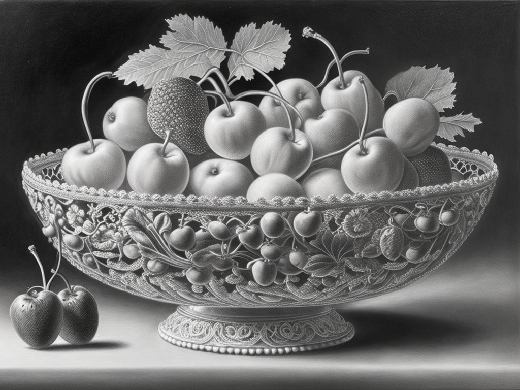 A detailed pencil drawing of a porcelain bowl with cherries, strawberries and grapes on a lace doily; Freshness, Summer; Classical still life, Realism; Pencil on paper, Shading; Bright, natural lighting; Grayscale with shades of gray and black; juicy, sweet; by Leonardo da Vinci, Albrecht Durer, and Charles Bargue; Unreal engine 5