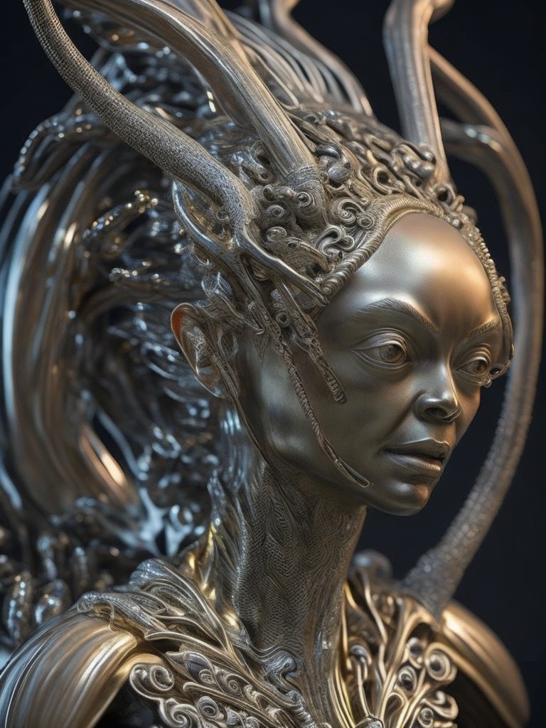 A detailed sculpture of an extraterrestrial creature; Realism, Sculpture; Clay, Metal; Dramatic lighting from below; Naturalistic color scheme with metallic accents; intricate, detailed, dendritic; by H.R. Giger, Ron Mueck, and Patricia Piccinini; Unreal engine 5