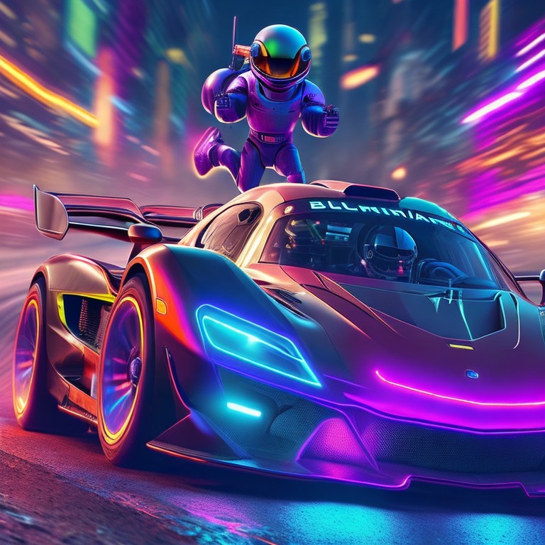 A dynamic image of an alien race with cars and tracks; Action Art,Racing Art; Digital Art, 3D Modeling; Neon, contrast lighting; Vibrant, metallic colors; thrilling, fast; by George Lucas, Paul Walker, and Gran Turismo; Unreal engine 5