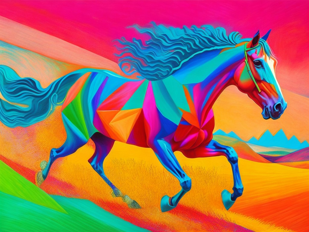  A dynamic painting of a horse running in a field with wind and dust; Movement, Energy; Cubism, Futurism; Oil pastel, Scratchboard; Noon, harsh light; Complementary colors with high saturation; vibrant, powerful; by Pablo Picasso, Umberto Boccioni, and Eadweard Muybridge; Unreal engine 5
