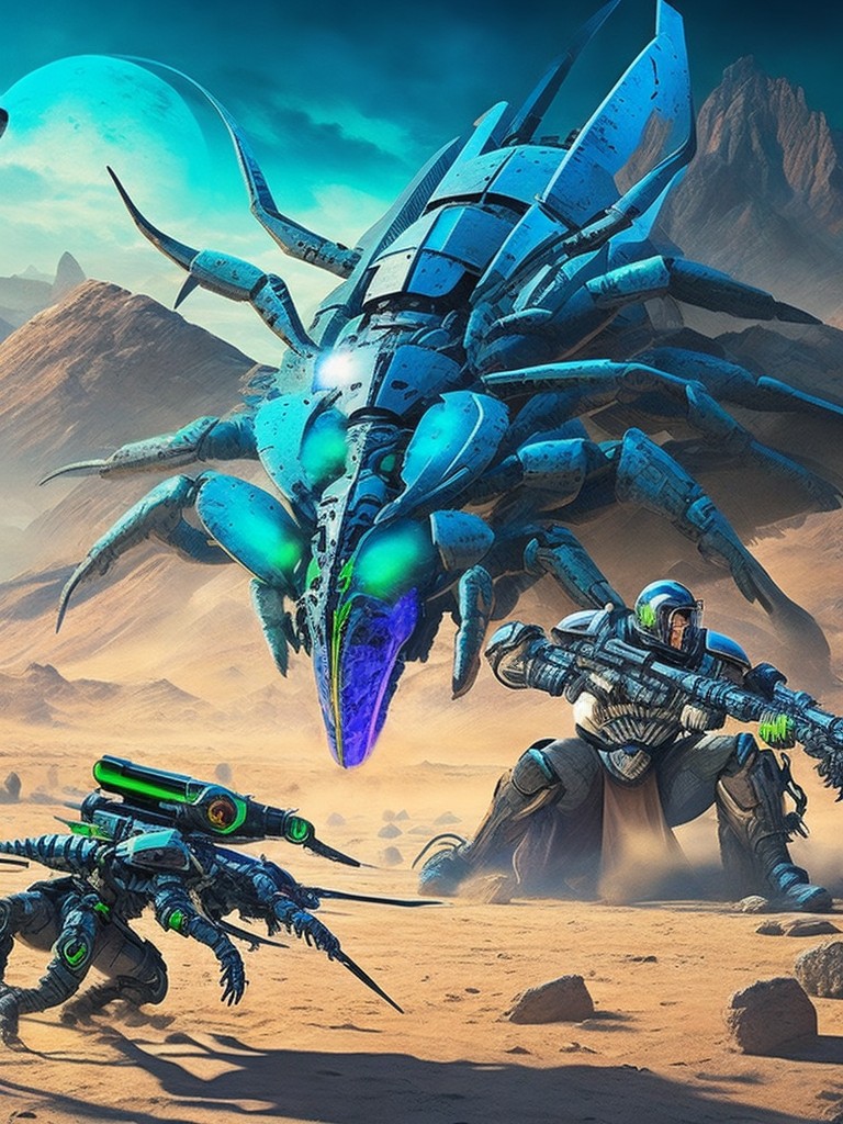  A futuristic depiction of a cyborg scorpion that has metal claws and a laser tail, fighting against a group of soldiers in a desert; Science Fiction, Action; Acrylic, Spray Paint; Harsh, glaring lighting; Cool colors with green and blue shades; dynamic, exciting; by H.R. Giger, James Cameron, and Banksy; Unreal engine 5