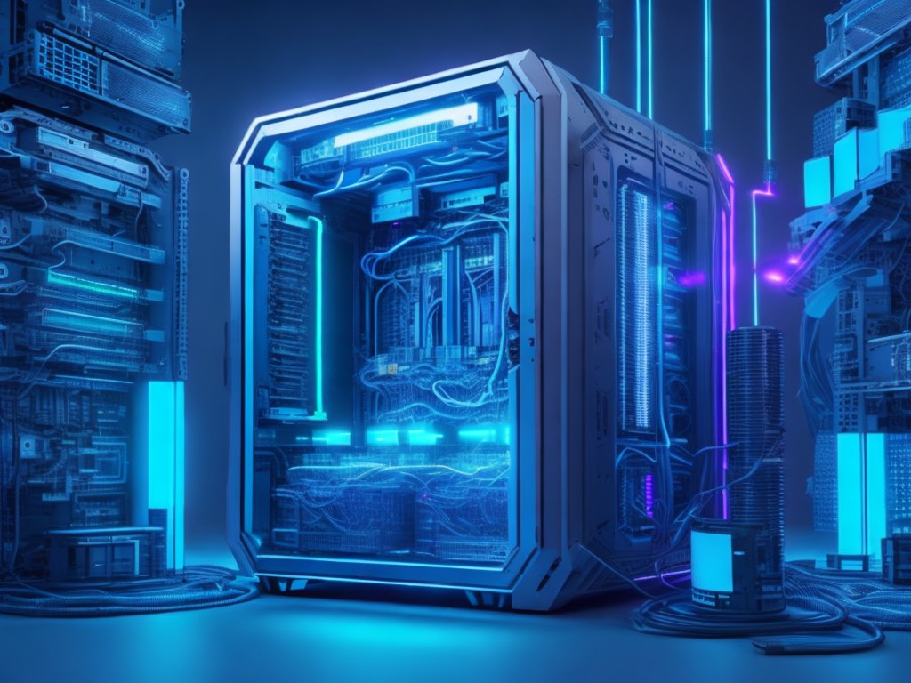 A futuristic still life depicting a supercomputer surrounded by various high-performance computing equipment and tools; Technical, Futuristic; Digital Art, 3D Rendering; Cool, Blue lighting; High-Contrast, Monochromatic with shades of Blue; Complex, Intricate; by David McLeod, Justin Maller, and Filip Hodas; Unreal engine 5