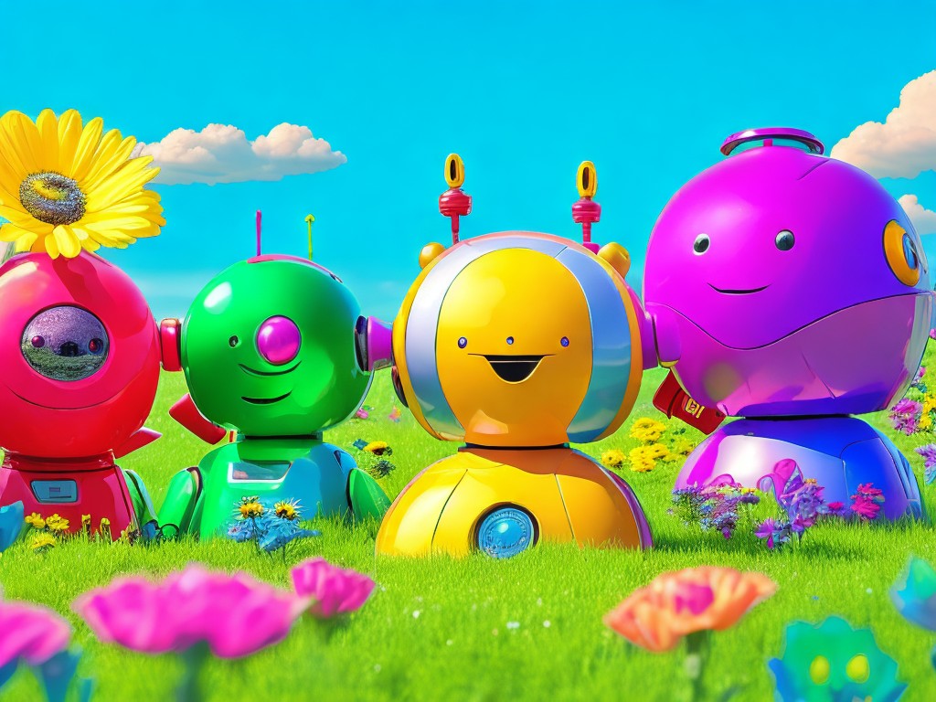 A group of cute, colorful robots of various shapes and sizes playing in a field of flowers; Cartoon, Pop art; Digital art, Clay sculpture; Bright, natural lighting; Rainbow colors with pastel shades; Whimsical, playful, adorable; by Shoji Kawamori, Osamu Tezuka, and Bill Watterson; Unreal engine 5