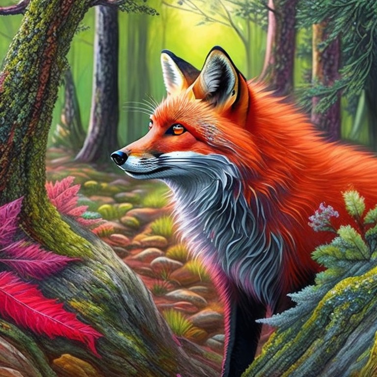  A highly detailed painting of a red fox in a whimsical, storybook-like forest; Realism, Surrealism; Watercolor, Colored pencils; Soft, diffused lighting; Earthy tones with pops of vibrant red; magical, dreamlike; by Beatrix Potter, Arthur Rackham, and Salvador Dali; Unreal engine 5