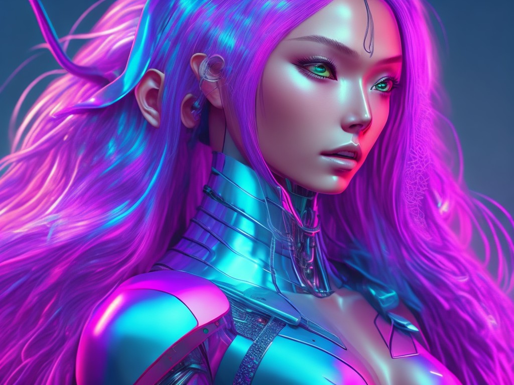 A humanoid robot with long flowing hair and delicate features, modeled after a famous supermodel; Sci-fi, Realism; 3D modeling, Digital painting; Cool, blue lighting; Metallic with accents of neon pink; Elegant, futuristic; by Hajime Sorayama, Masamune Shirow, and Simon Stålenhag; Unreal Engine 5