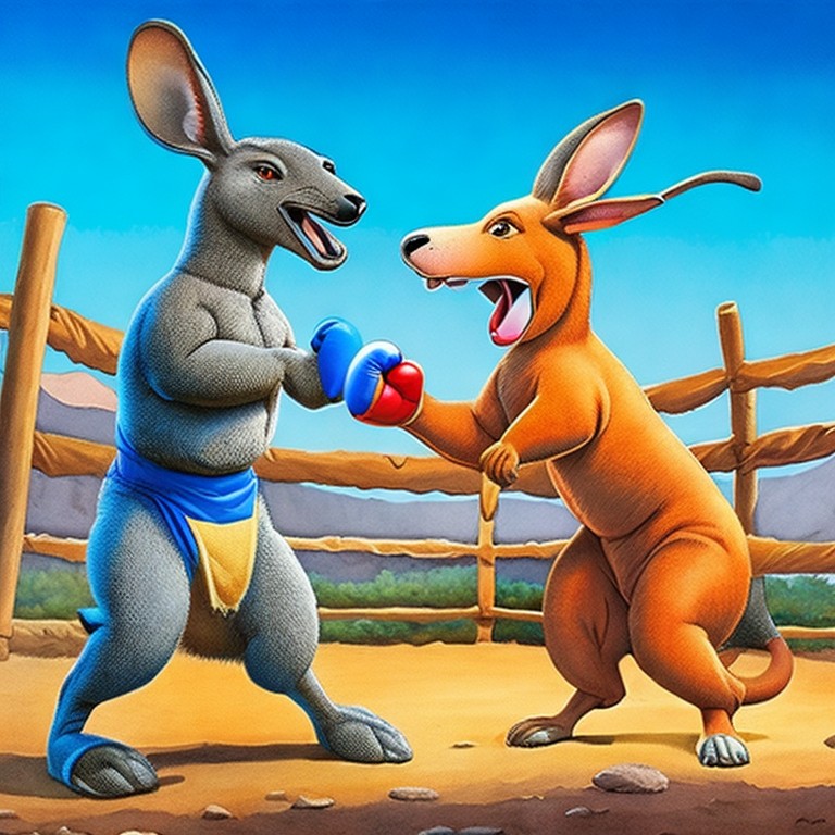  A humorous scene of a kangaroo boxing with a human; Comedy, Sport; Cartoon, Caricature; Watercolor, Ink; Daytime, natural light; Earthy colors with contrast; funny, lively; by Walt Disney, Jim Davis, and Gary Larson; Unreal engine 5