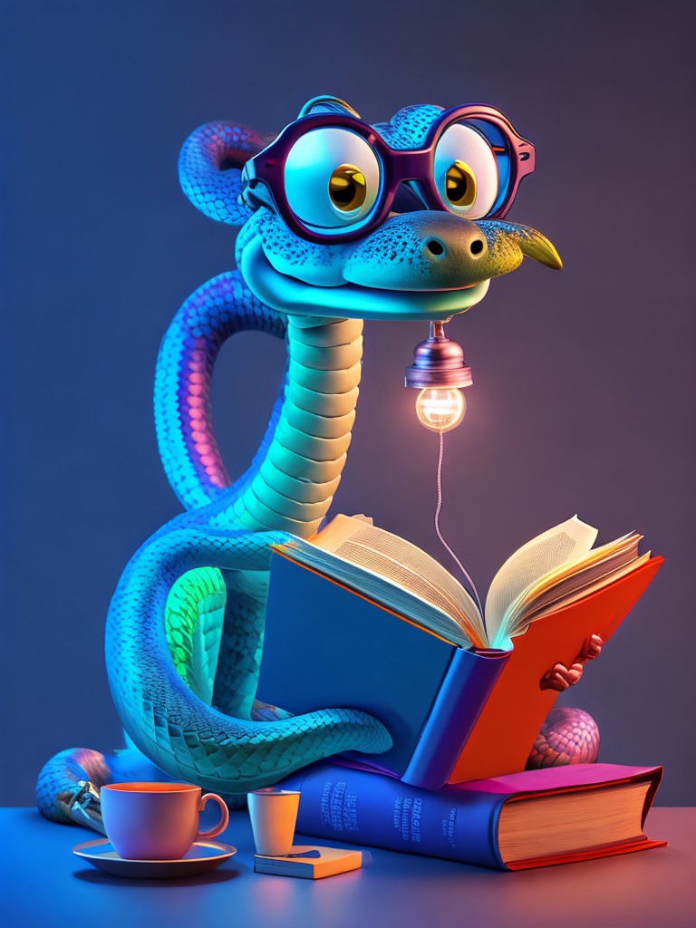  A humorous scene of a snake wearing glasses and a bow tie, reading a book with a lamp and a mug in the background; Comedy, Cartoon; Digital, Vector; Soft, cozy lighting; Cool colors with blue and gray; funny, smart; by Walt Disney, Jim Davis, and Gary Larson; Unreal engine 5