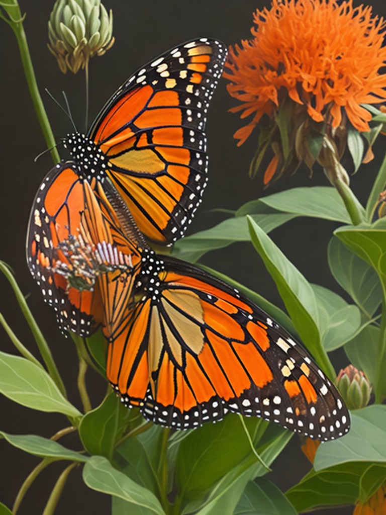  A hyper-realistic oil painting of a monarch butterfly perched on a blooming milkweed; Realism, Naturalism; Oil on canvas, Trompe l’oeil; Natural, sunlight lighting; Vibrant orange and yellow tones with pops of green; intricate, detailed, beautiful; by John James Audubon, Leonardo da Vinci, and Jan van Huysum; Unreal engine 5