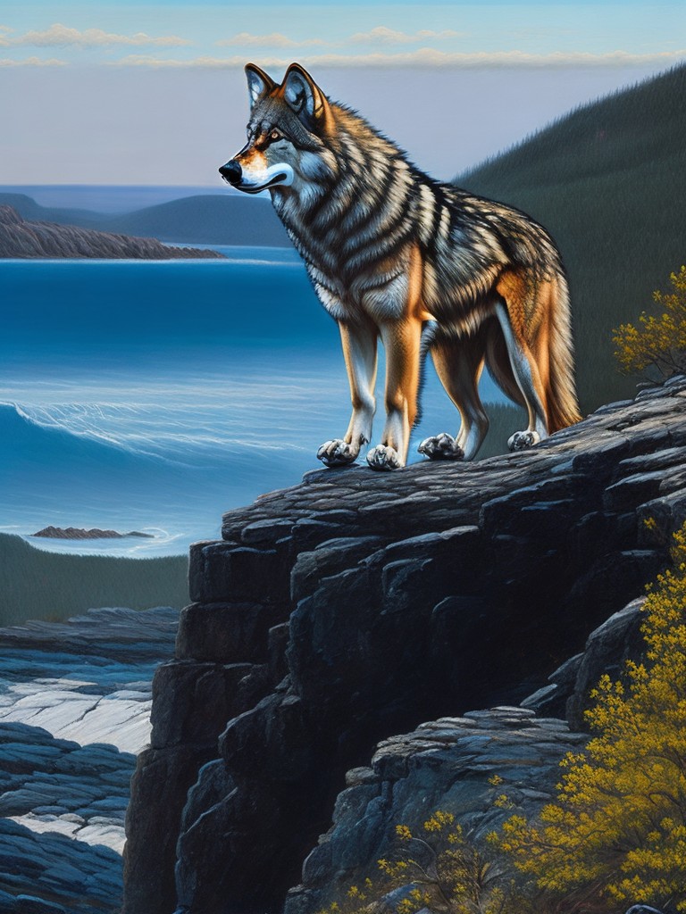  A hyper-realistic painting of a solitary wolf standing on a rocky cliff, using highly detailed brushwork to capture every strand of fur and the texture of the rock; Realism; Oil painting, Graphite; Natural lighting with strong contrasts; Muted earth tones with pops of blue and green; meticulous, detailed; by Robert Bateman, David Kassan, and Alyssa Monks; Unreal engine 5