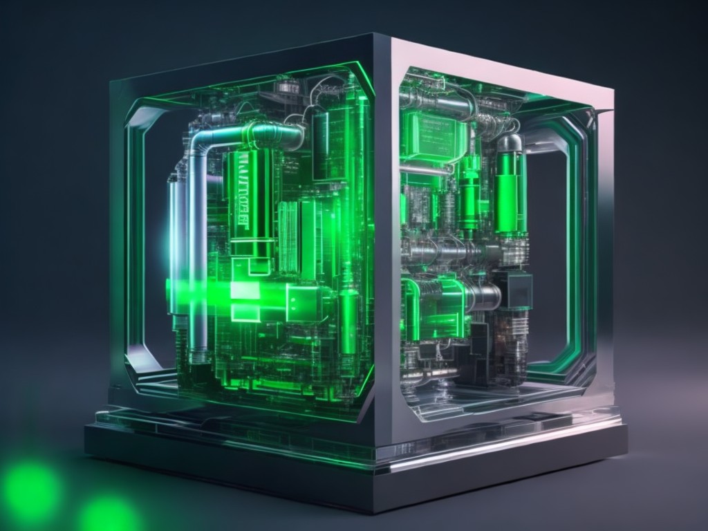 A hyperrealistic still life of a quantum computer with holographic displays showcasing its quantum processing capabilities; Technical, Futuristic; Oil Painting, Digital Art; Soft, diffused lighting; Monochromatic with shades of Green; Meticulous, Detailed; by Patrick Kramer, Yigal Ozeri, and Mike Dargas; Unreal engine 5