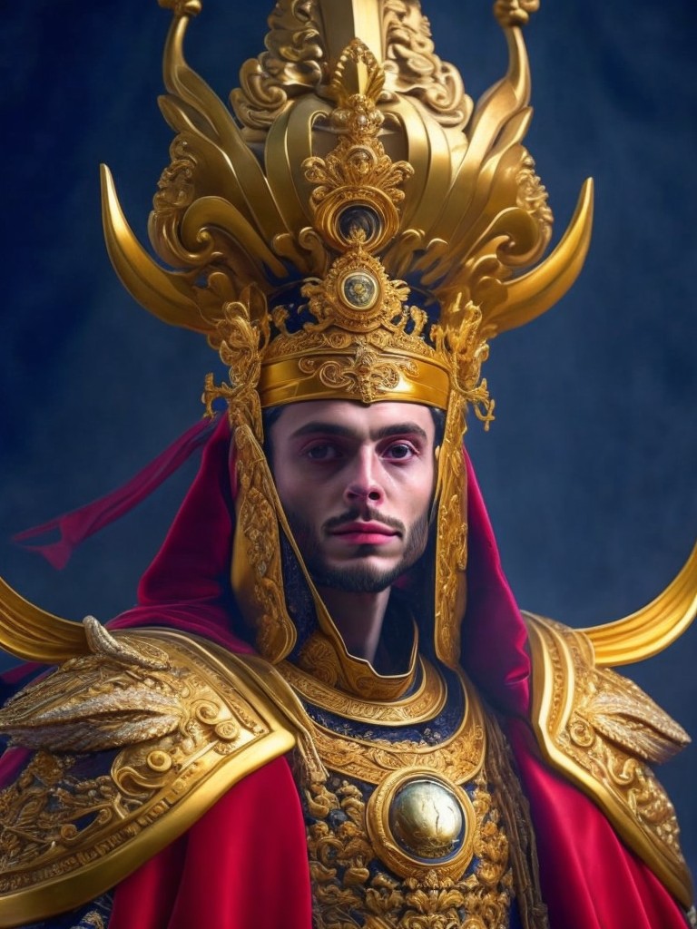 A majestic image of an alien king with a crown and a robe; Historical Art,Royal Art; Oil Painting, Portrait Painting; Warm, regal lighting; Gold, royal colors; noble, imposing; by Diego Velázquez, Anthony van Dyck, and Jacques-Louis David; Unreal engine 5