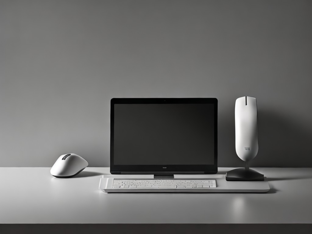 A minimalist still life of a laptop and wireless mouse placed on a sleek, modern desk; Technical, Minimalist; Photography, Digital Art; Soft, diffused lighting; Monochromatic with shades of Gray; Clean, Simple; by Michael Kenna, Carl Kleiner, and Hiroshi Sugimoto; Unreal engine 5