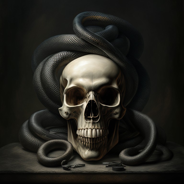  A mixed media painting of a venomous snake coiled around a human skull; Mixed media, Realism; Oil paint, Charcoal, Ink; Dark, ominous lighting; Monochromatic with shades of black, white, and gray; eerie, creepy, haunting; by Francisco Goya, Henri Fuseli, and Gustave Doré; Unreal engine 5