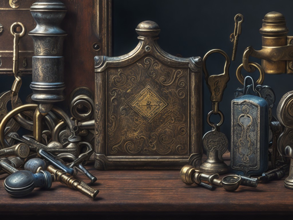 A painting of a collection of antique keys arranged on a weathered wooden table, surrounded by vintage locks and other hardware; Realism, Surrealism, Steampunk; Oil, Acrylic; Soft, diffused lighting; Monochromatic with hints of rust and brass; intricate, detailed; by Salvador Dali, René Magritte, and William Morris; Unreal engine 5
