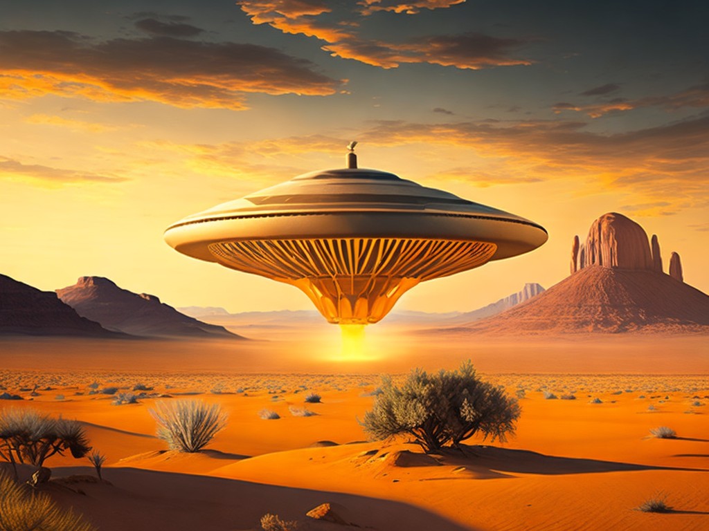 A photorealistic depiction of a UFO hovering over a desert landscape; Realism, Surrealism; Oil on canvas, Digital painting; Harsh, direct lighting; Monochromatic with shades of orange and yellow; detailed, eerie, dystopian; by H.R. Giger, Salvador Dali, and Alex Grey; Unreal engine 5