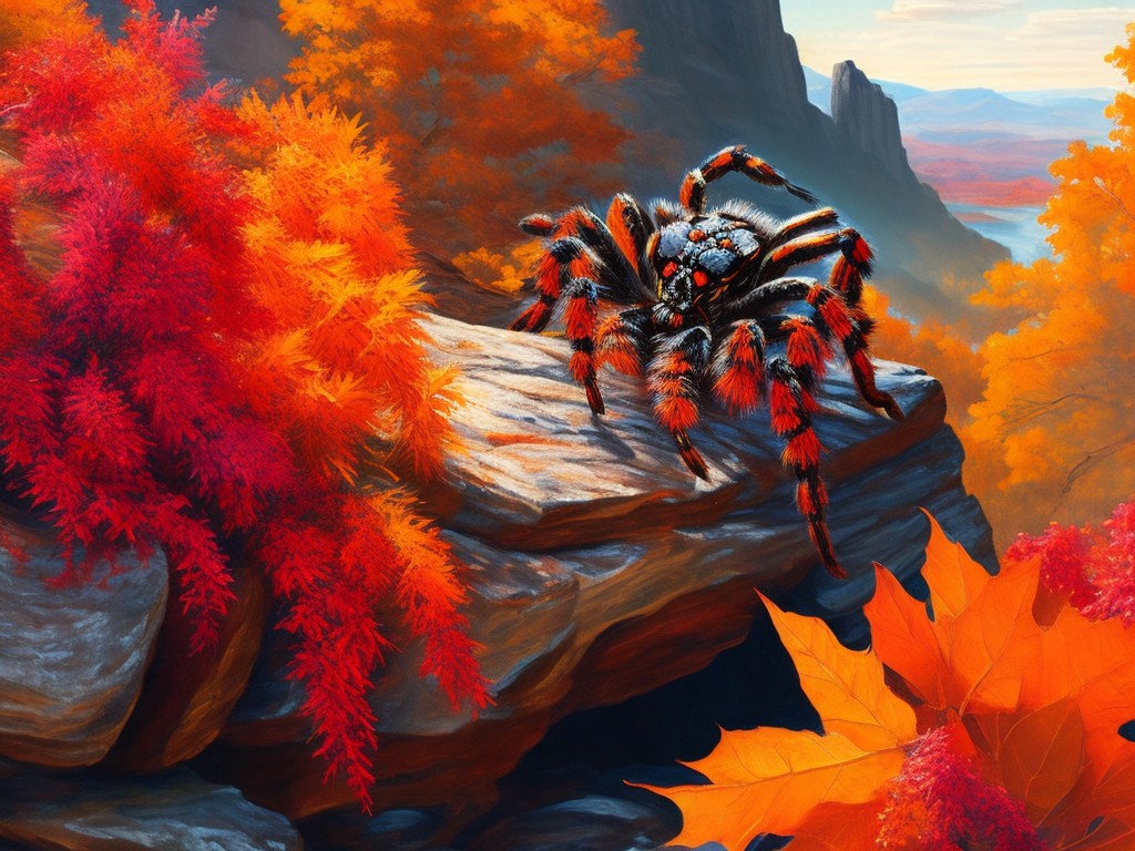  A photorealistic oil painting of a tarantula perched on a rocky ledge against a backdrop of colorful fall foliage; Realism, Impressionism; Oil, Canvas; Warm, natural lighting; Muted colors with pops of orange and red; intricate, detailed, elegant; by John James Audubon, Georgia O’Keeffe, and Martin Johnson Heade; Unreal engine 5