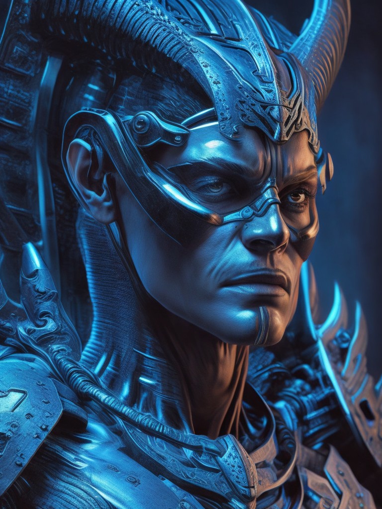 A photorealistic portrait of a towering, muscular alien warrior with armor and weapons; Science Fiction, Fantasy; Oil Paint, Digital Painting; Harsh, Dramatic Lighting; Monochromatic with shades of blue; Powerful, Commanding, Intimidating; by H.R. Giger, Frank Frazetta, and Brom; Unreal engine 5