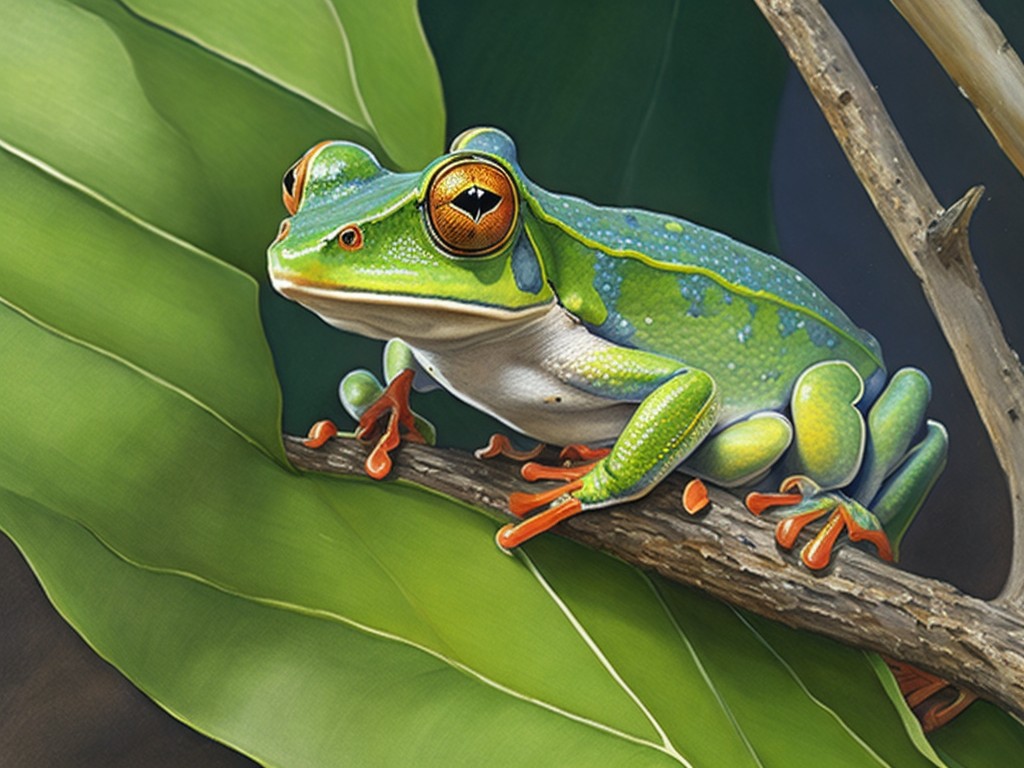 A photorealistic watercolor painting of a tree frog perched on a leaf, capturing the delicate details of its skin and surroundings; Realism, Impressionism; Watercolor, Gouache; Soft, natural lighting; Vibrant, natural colors; detailed, elegant; by John James Audubon, James McNeill Whistler, and Georgia O’Keeffe; Unreal engine 5