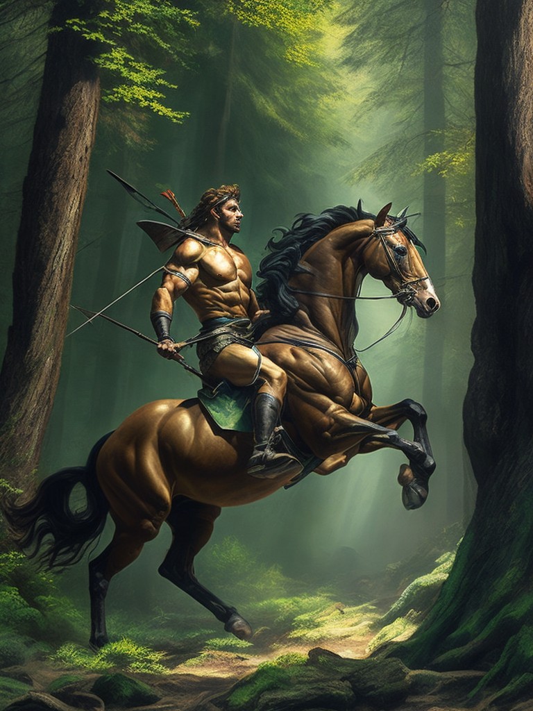  A powerful centaur charging through a forest with a bow and arrow; Realism, Action; Charcoal, Oil painting; Harsh, directional lighting with deep shadows and highlights; Cool, earthy color scheme with green and brown tones; dynamic, strong, mythical; by Michelangelo Buonarroti, Leonardo da Vinci, and John Singer Sargent; Unreal engine 5