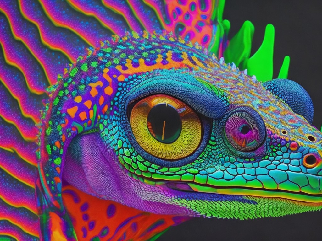  A psychedelic full-body painting of a gecko with multiple eyes and patterns; Vision, Hallucination; Psychedelic art, Op art; Acrylic, Spray paint; Black light; Fluorescent colors with optical illusion; trippy, hypnotic; by Alex Grey, Bridget Riley, and Keith Haring; Unreal engine 5