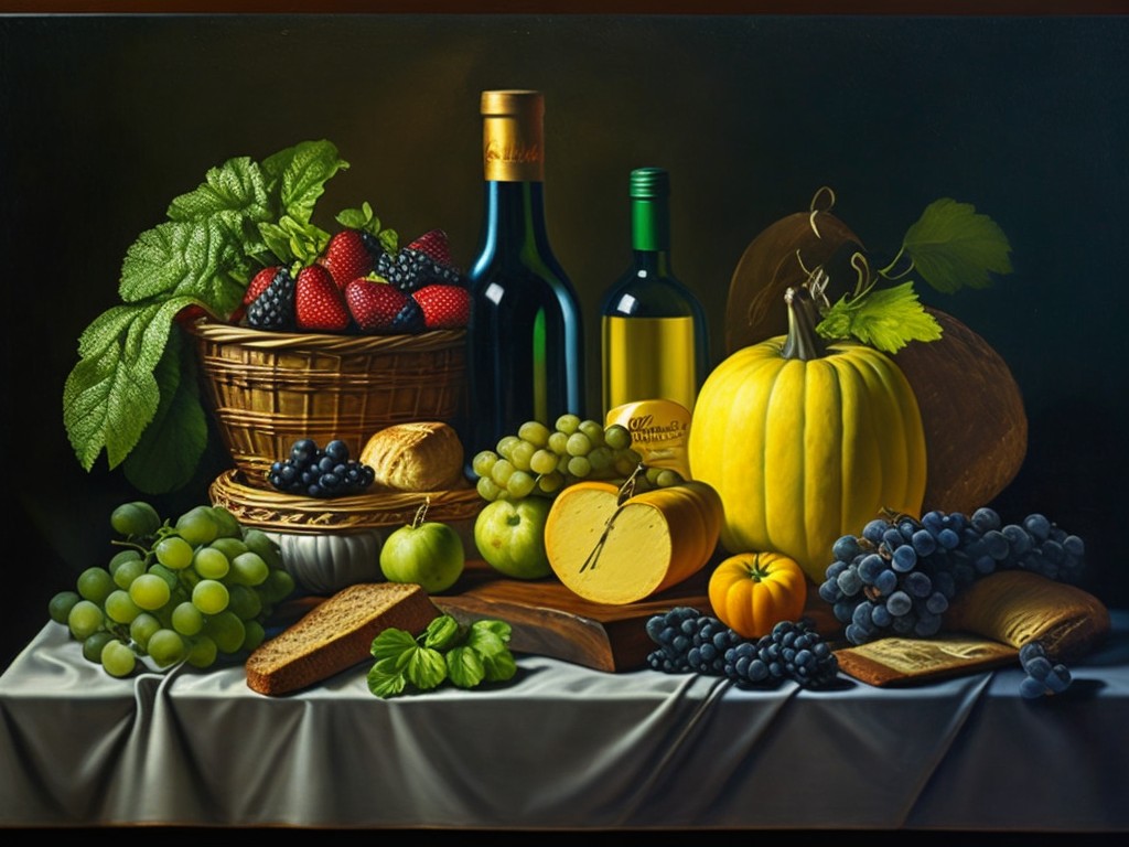 A realistic oil painting of a table with a basket of fresh fruits, a loaf of bread, a bottle of wine and a cheese plate; Abundance, Harvest; Classical still life, Baroque; Oil on canvas, Chiaroscuro; Strong contrast between light and shadow; Warm colors with touches of green and blue; appetizing, rich; by Caravaggio, Rembrandt, and Cezanne; Unreal engine 5