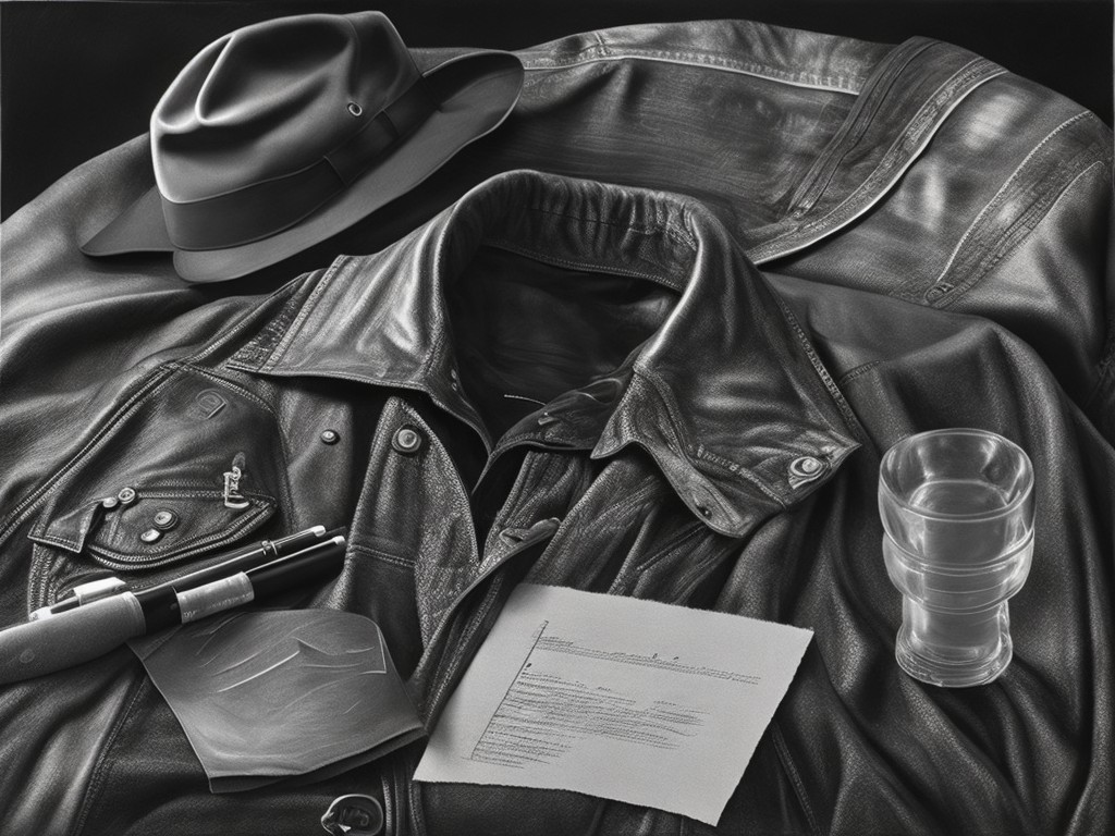 A realistic pencil drawing of a leather jacket with a guitar pick, a concert ticket and a bandana on it on a bed with a poster in the background; Music, Rock; Contemporary still life, Realism; Pencil on paper, Shading; Soft, natural lighting; Grayscale with shades of gray and black; cool, musical; by Chuck Close, Richard Estes, and Audrey Flack; Unreal engine 5