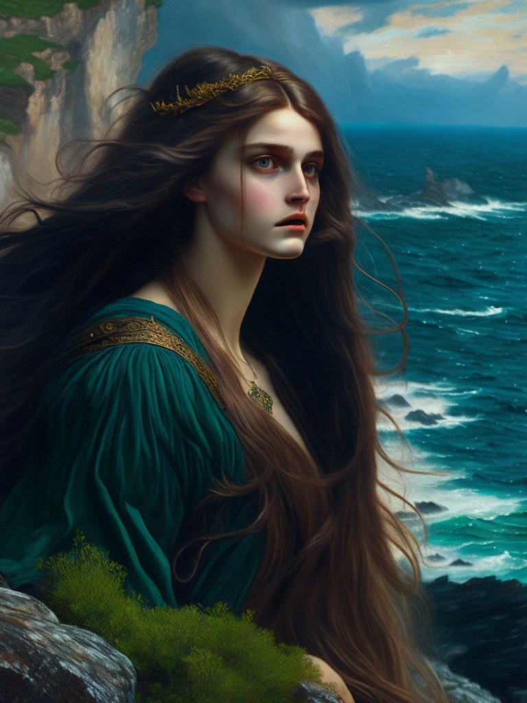  A realistic portrait of a beautiful, powerful Siren with long, flowing hair and a captivating voice, sitting on a rocky outcrop overlooking the sea; Realism, Romanticism; Oil, Charcoal; Dramatic lighting with deep shadows; Ocean blues and greens with hints of gold; ethereal, enchanting; by John William Waterhouse, Gustave Moreau, and Edward Burne-Jones; Unreal engine 5