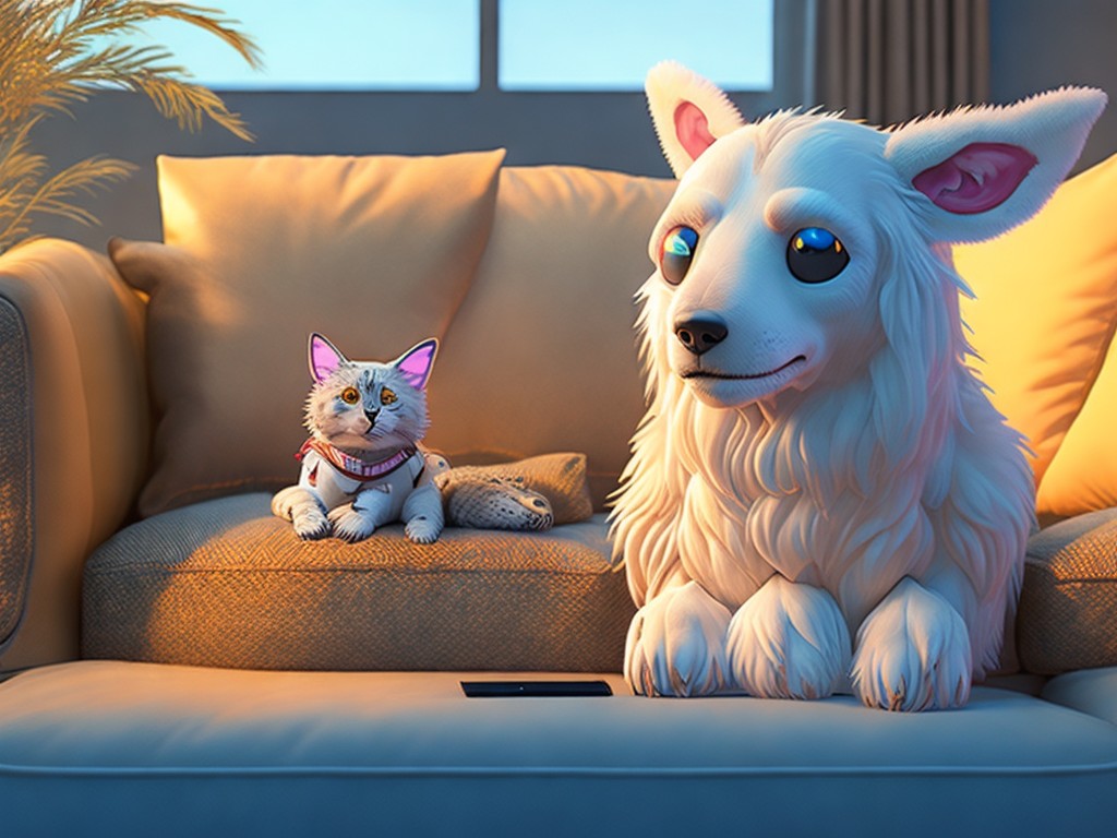 A robotic animal companion with lifelike fur and expressive eyes sitting on a cozy couch next to its owner; Pet, Realism; Digital art, Plush sculpture; Soft, natural lighting; Monochromatic with shades of beige; Adorable, loyal, heartwarming; by Simon Stålenhag, Hajime Sorayama, and Boston Dynamics; Unreal engine 5