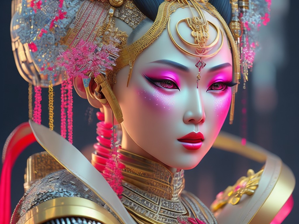 A robotic geisha with a beautiful female face, dressed in an intricate kimono and playing a traditional Japanese instrument; Science Fiction, Cyberpunk; Digital Sculpting, 3D Printing; Warm, diffused lighting; Monochromatic with hints of metallic shine; elegant, refined, futuristic; by Hajime Sorayama, Takayuki Takeya, and Daryl Mandryk; Unreal engine 5