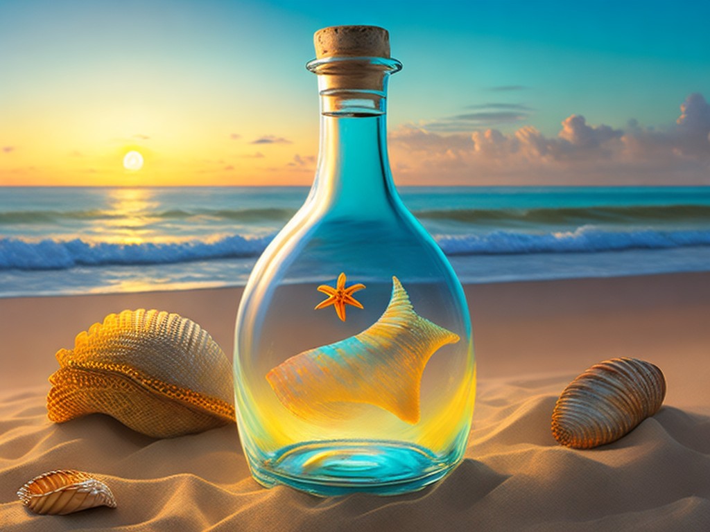 A romantic pastel painting of a glass bottle with a message, a shell and a starfish on a sandy beach; Hope, Adventure; Classical still life, Romanticism; Pastel on paper, Blending; Warm, sunset lighting; Blue and orange colors with touches of white and yellow; serene, lovely; by Caspar David Friedrich, William Turner, and Claude Monet; Unreal engine 5